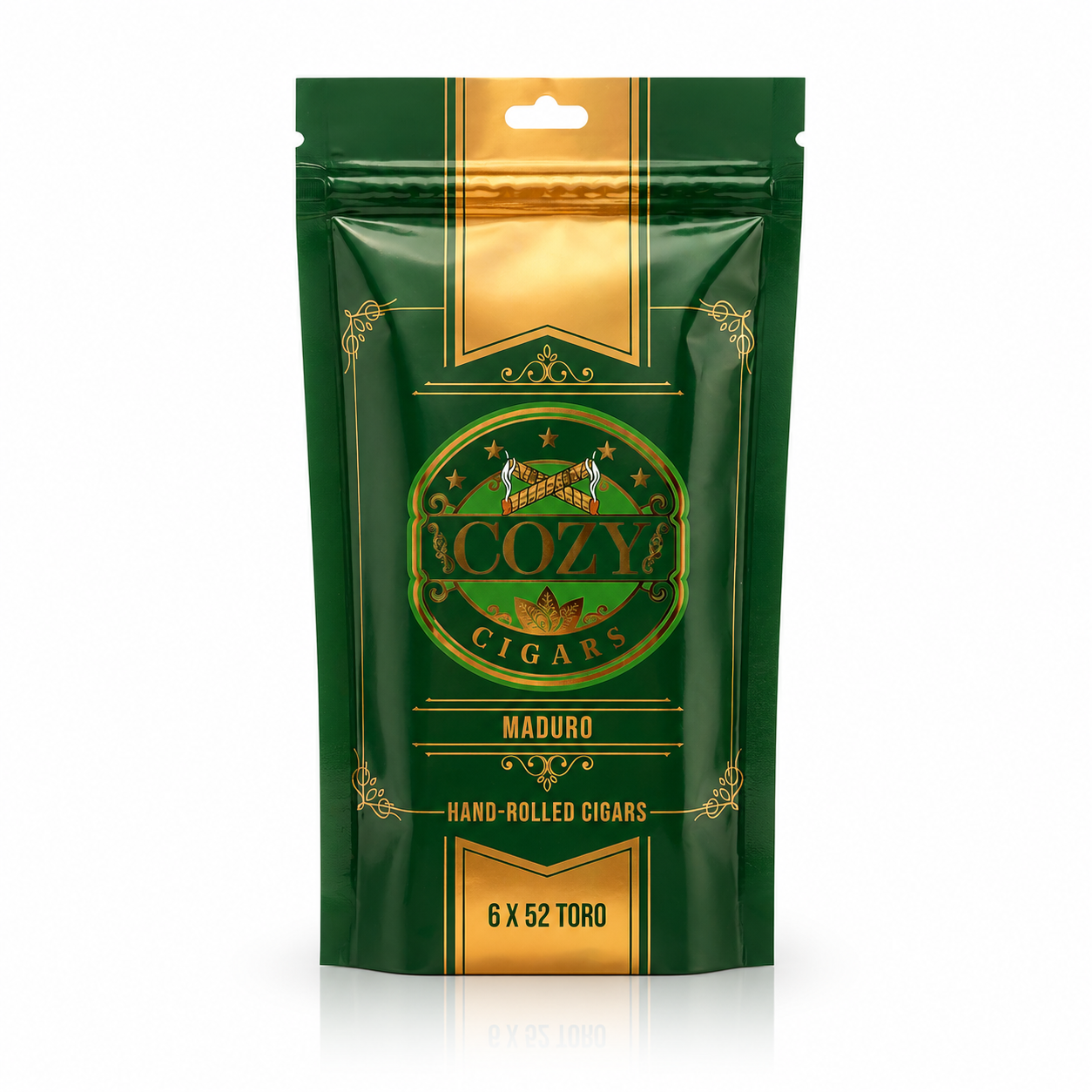 Green and gold packaging of Cozy Cigars on a white background