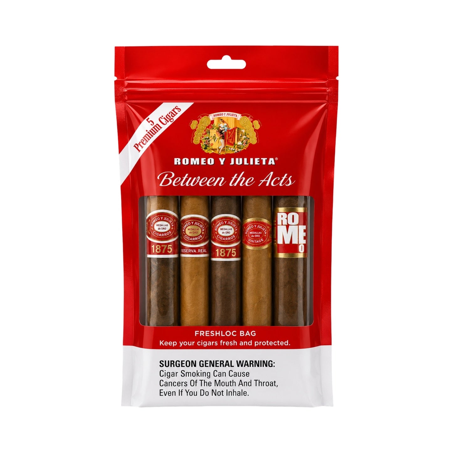 Pack of Romeo y Julieta cigars with red packaging on a white background