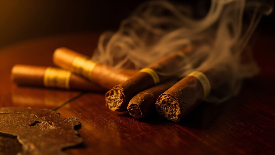 hand-rolled cigars on polished wood with warm lighting and gentle smoke