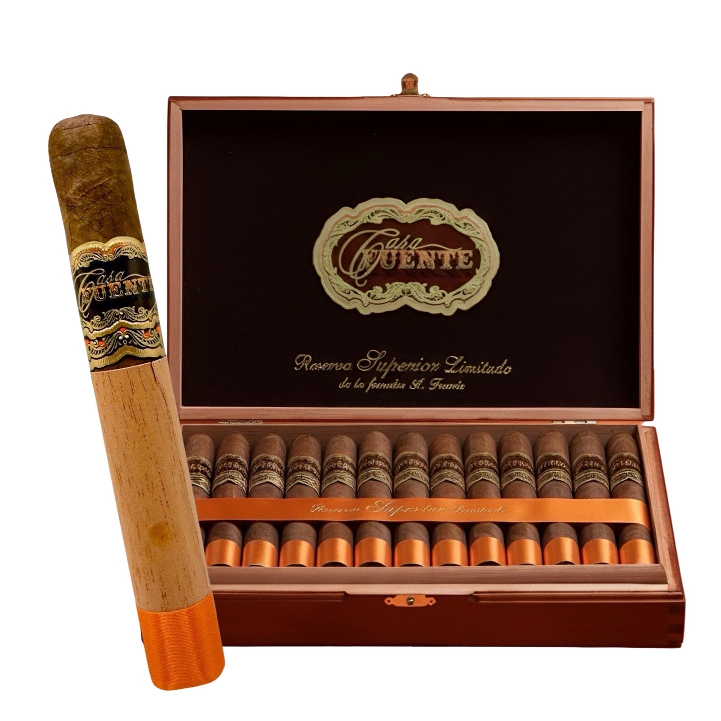 Cuban cigars with Fuente branding in an open wooden box on a white background