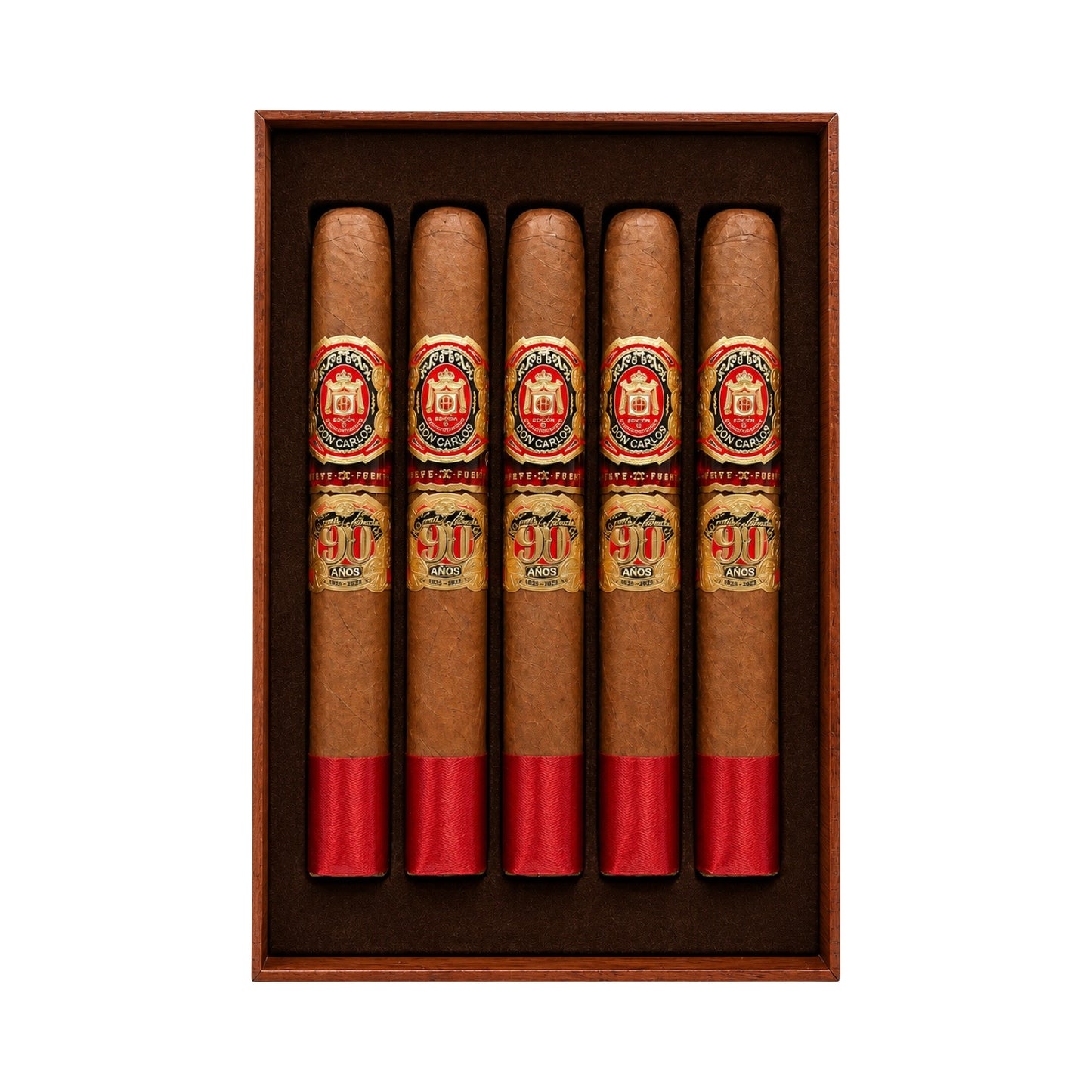 Set of cigars with red tips in a wooden box on a white background