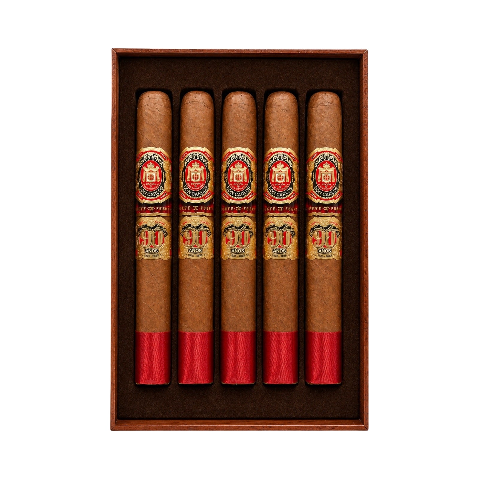 Set of cigars with red tips in a wooden box on a white background