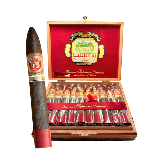 Cigar with a wooden box featuring a prominent label on a white background