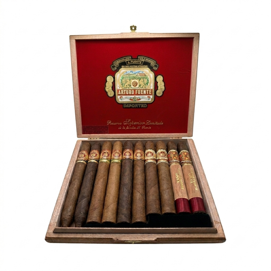 Open wooden humidor with cigars and Arturo Fuente logo on a white background