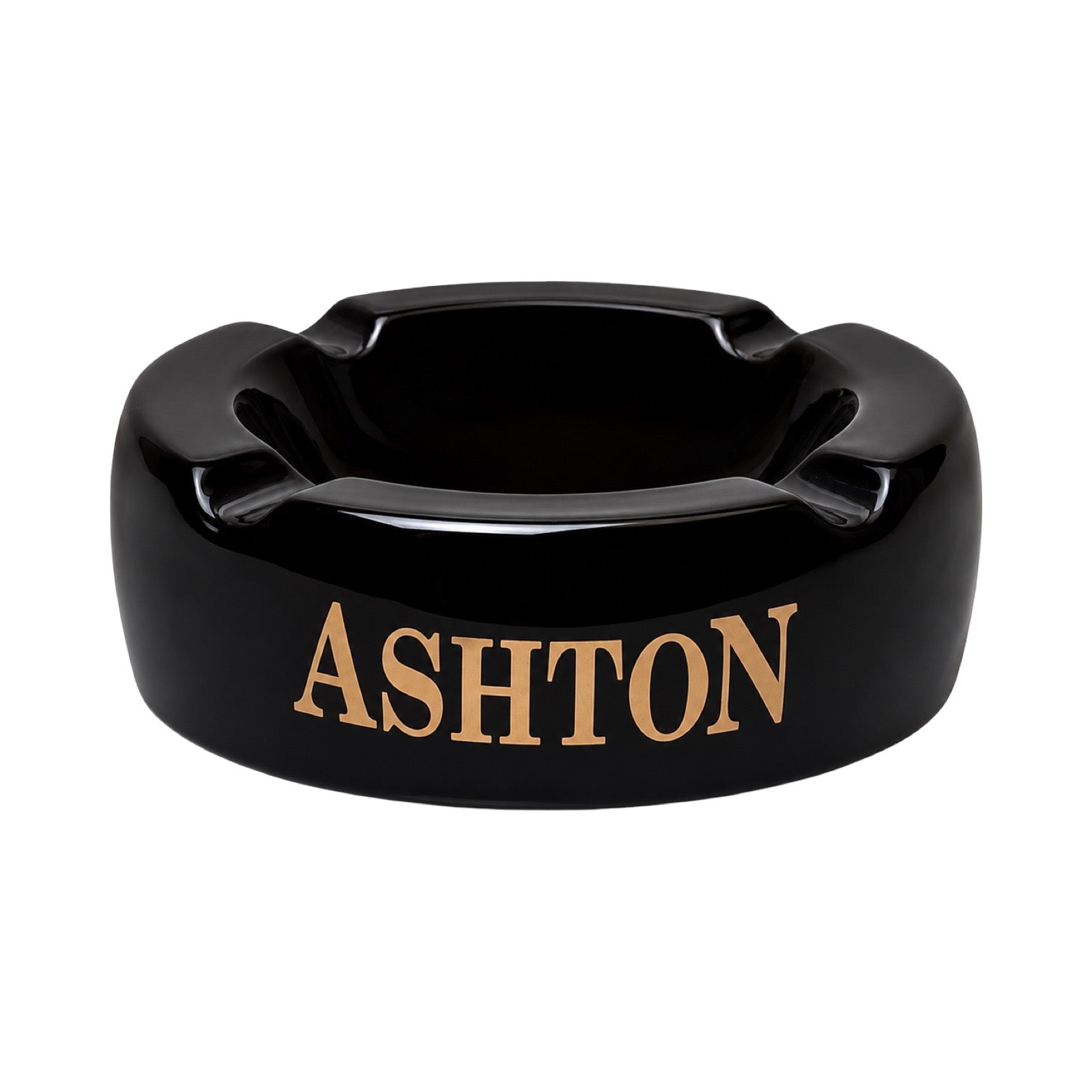 Black ashtray with 'ASHTON' branding on a white background