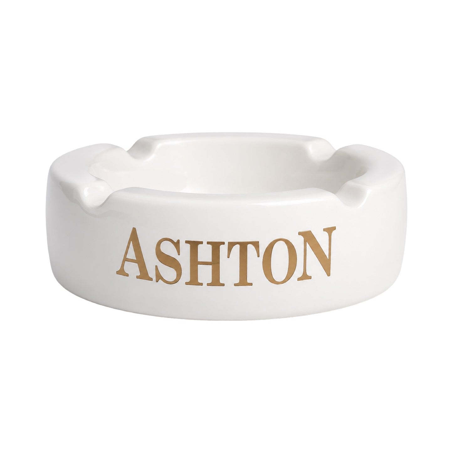 White ashtray with 'ASHTON' branding on a white background