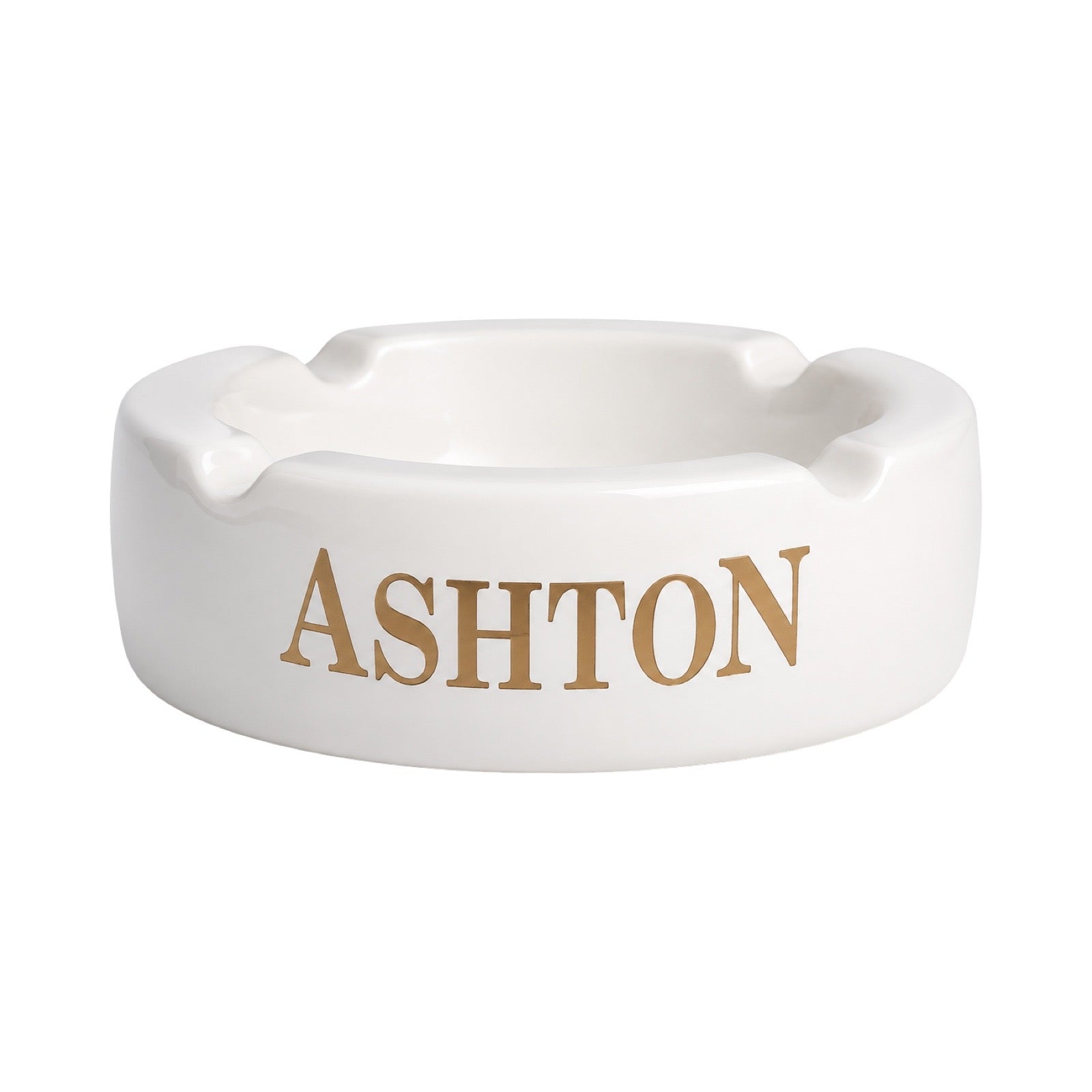 White ashtray with 'ASHTON' branding on a white background
