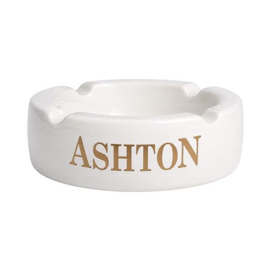 White ashtray with 'ASHTON' branding on a white background