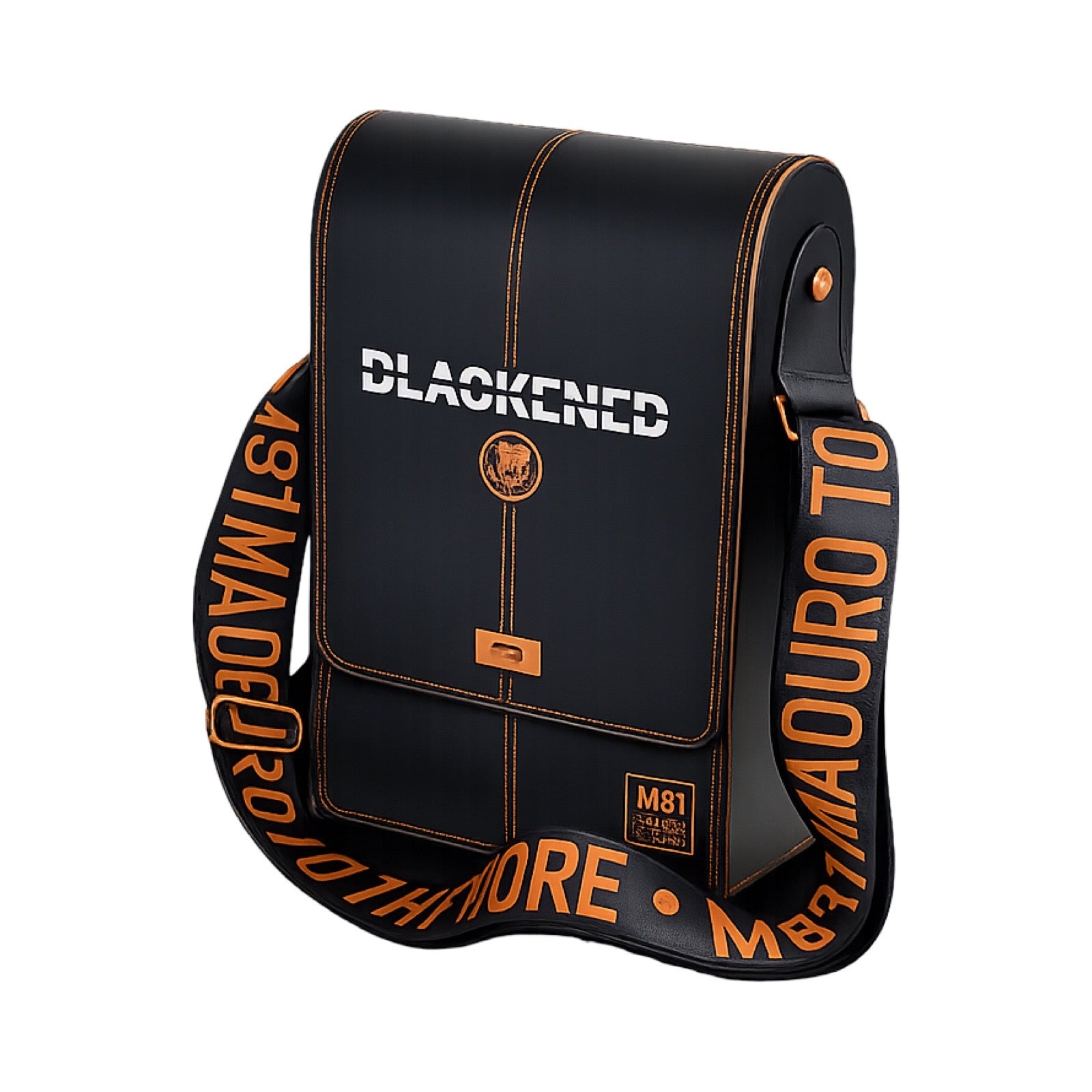 Black bag with orange text and branding on a white background