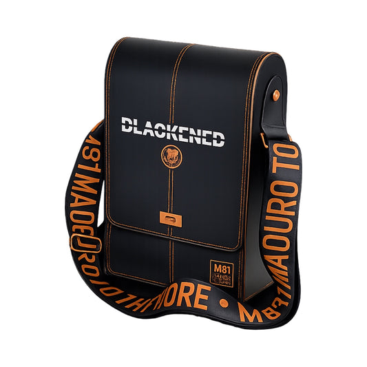 Black bag with orange text and branding on a white background