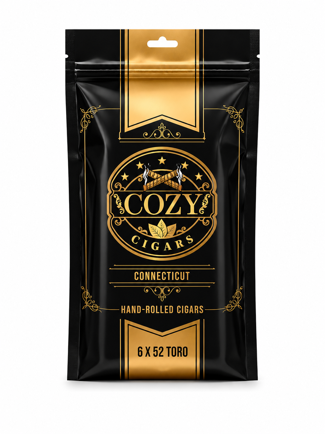 Cozy Cigars packaging with gold and black design on a white background