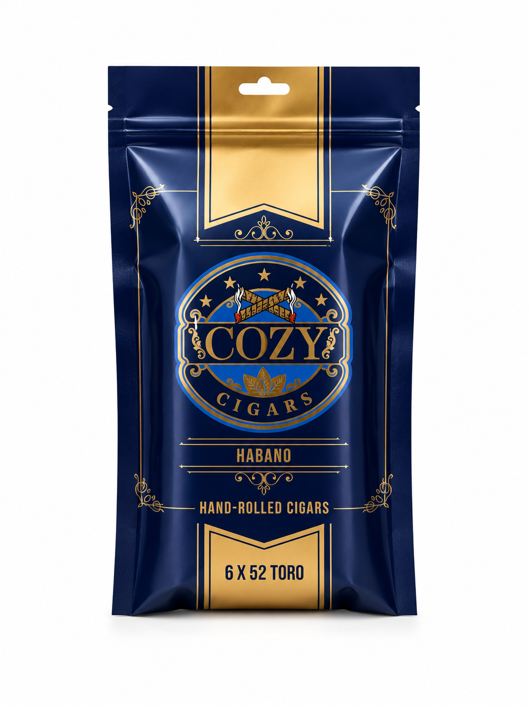 Cozy Cigars packaging with blue and gold design on a white background