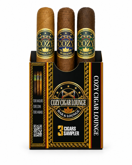Cozy Cigar Lounge 3 cigars sampler with three cigars on a white background