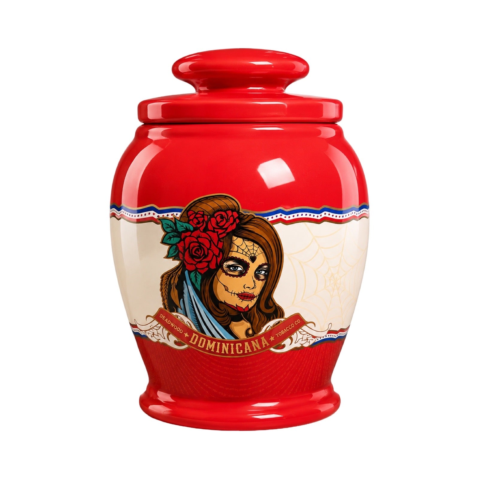 Red urn with a decorative design of a woman's face on a white background