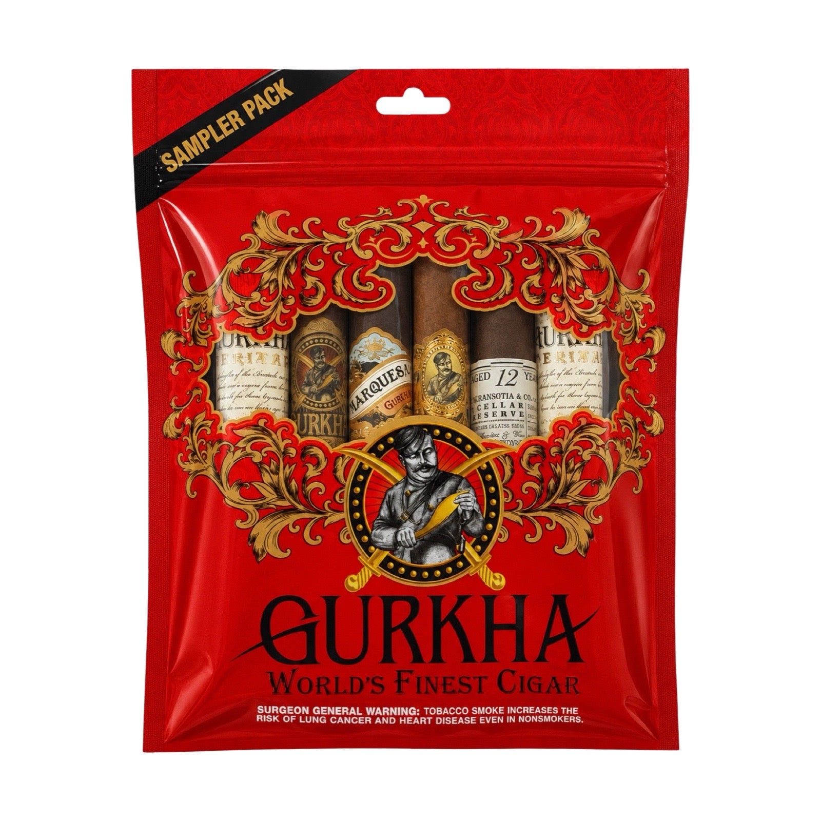 Gurkha cigar sampler pack with decorative red and gold design on a white background