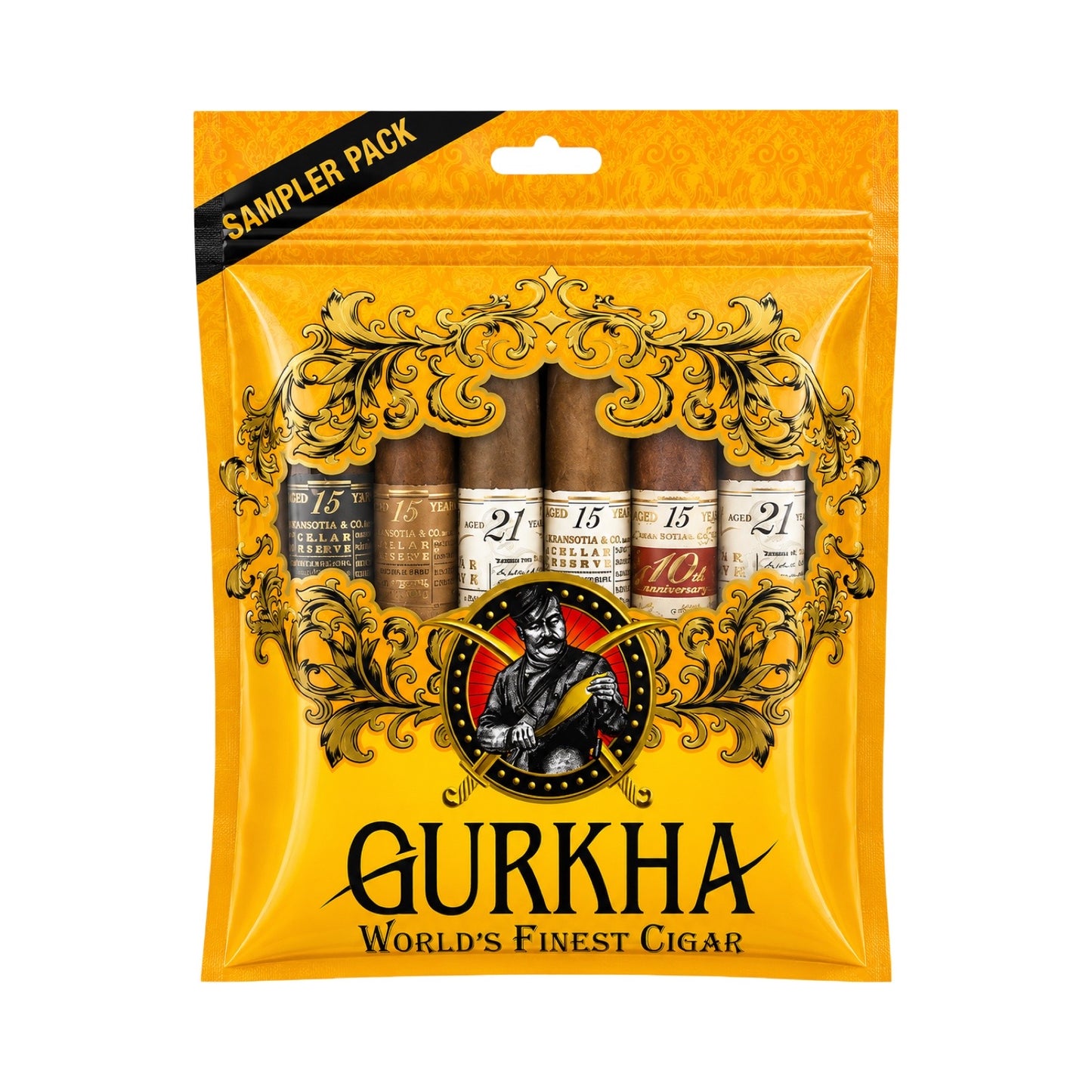 Gurkha cigar sampler pack with decorative yellow packaging on a white background