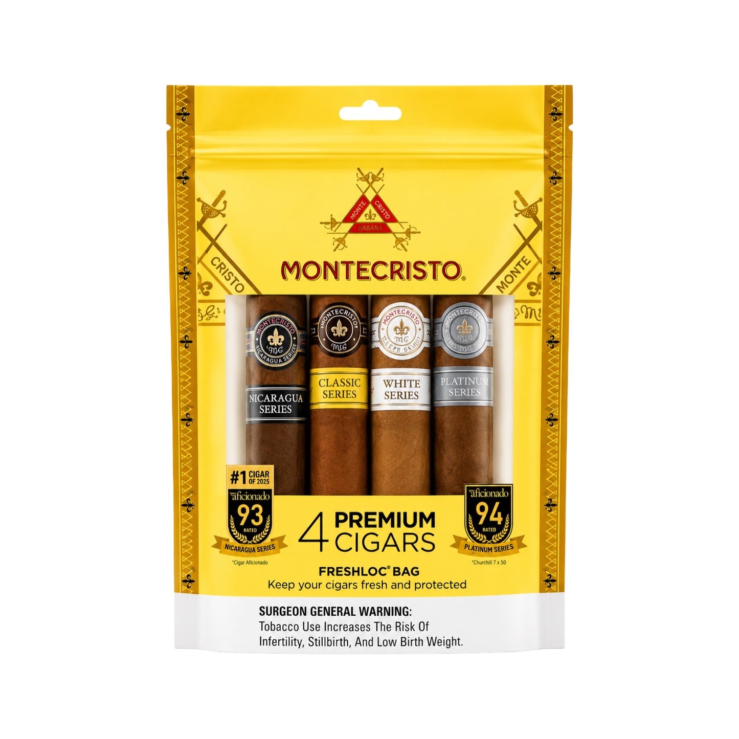 Montecristo cigar packaging with four cigars inside on a white background