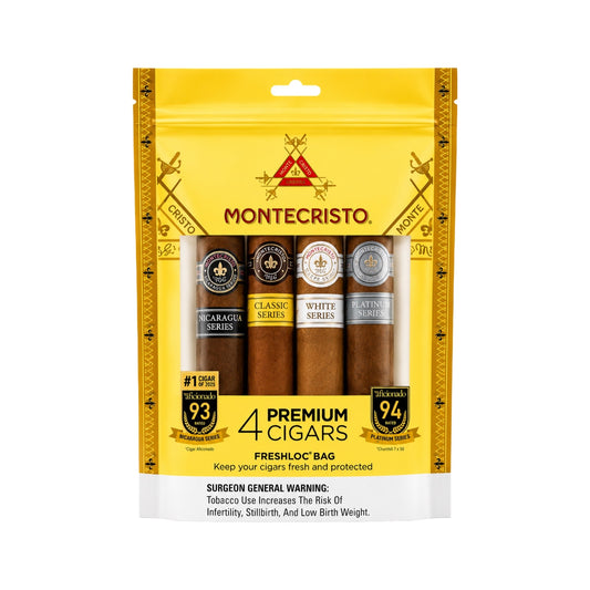 Montecristo cigar packaging with four cigars inside on a white background