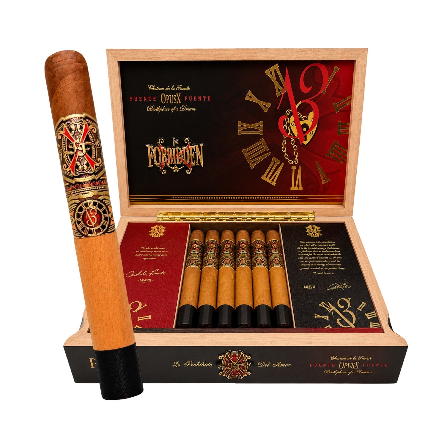 Cigar with a decorative band and an open wooden humidor displaying cigars, featuring the brand 'Opus X'.