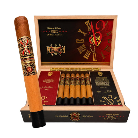 Cigar with a decorative band and an open wooden humidor displaying cigars, featuring the brand 'Opus X'.