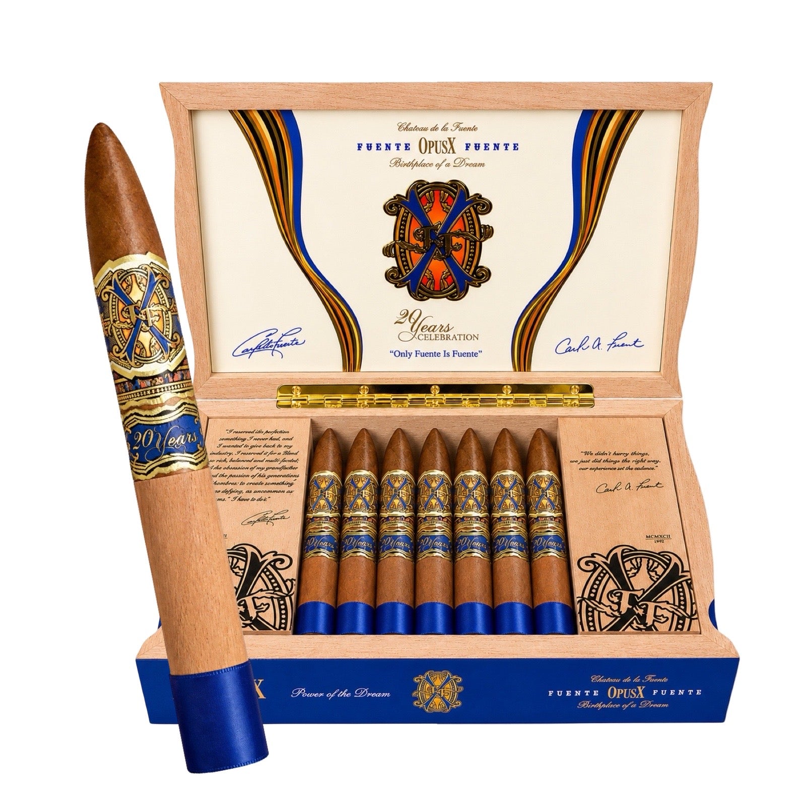 Open box of Fuentes OpusX cigars with a single cigar displayed, featuring intricate branding and design.