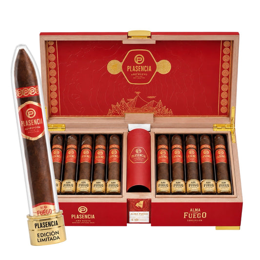 Plasencia cigars in a red box with a single cigar displayed in front.