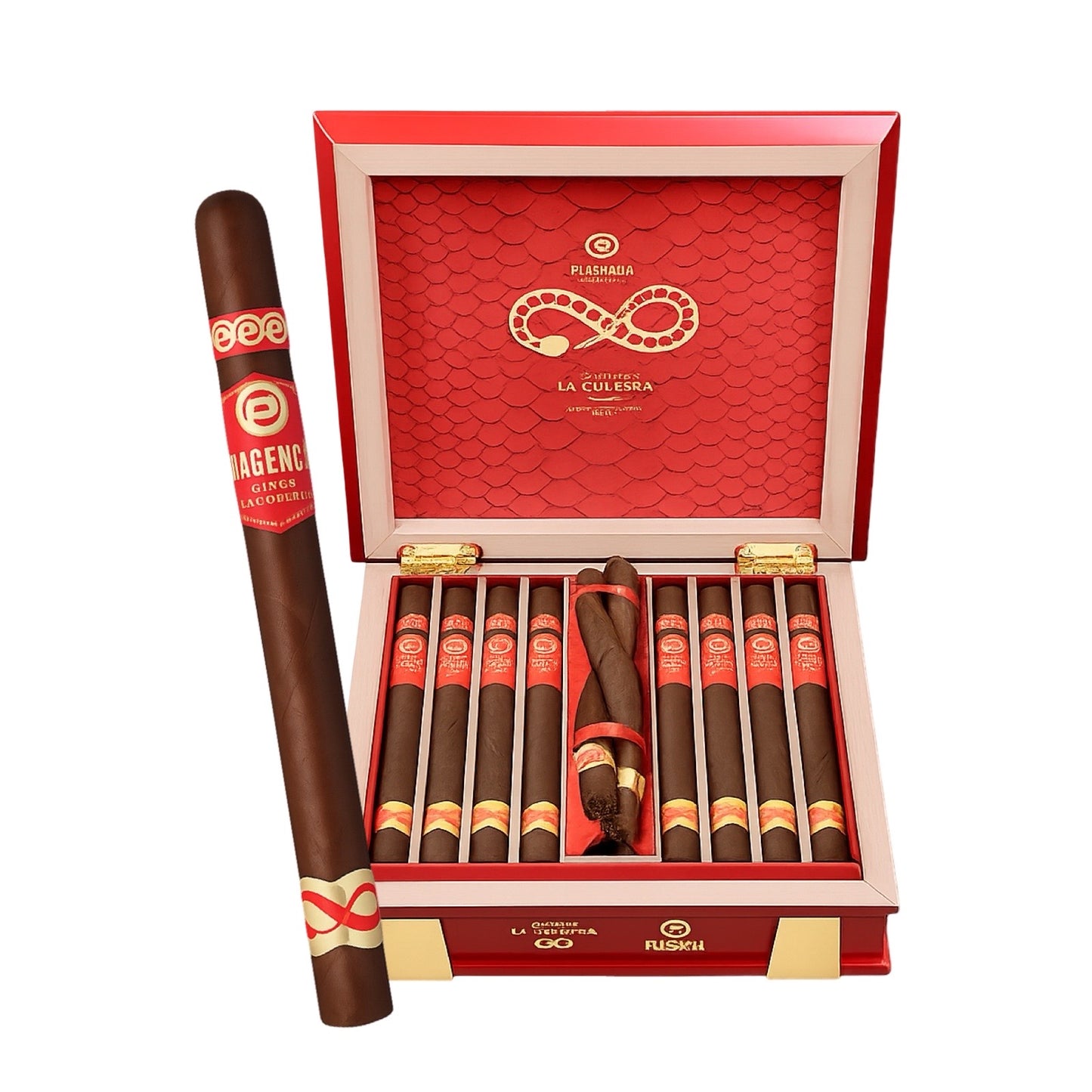 Open red humidor with cigars and a single cigar displayed in front on a white background
