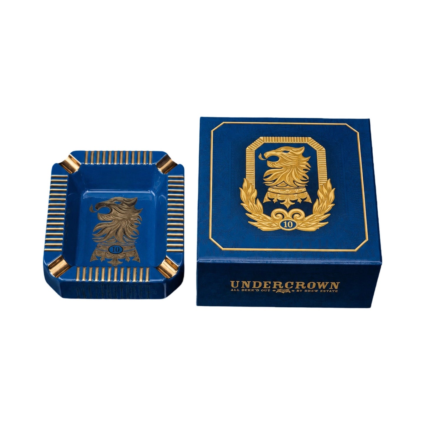 Blue and gold Undercrown branded ashtray and box on a white background